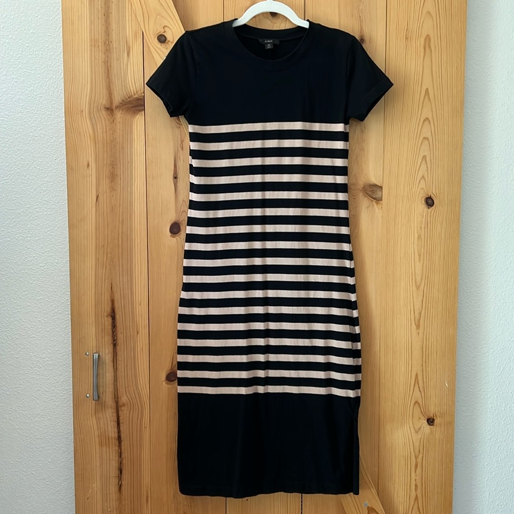 J. Crew Tshirt dress. Black w tan stripes. Size XS